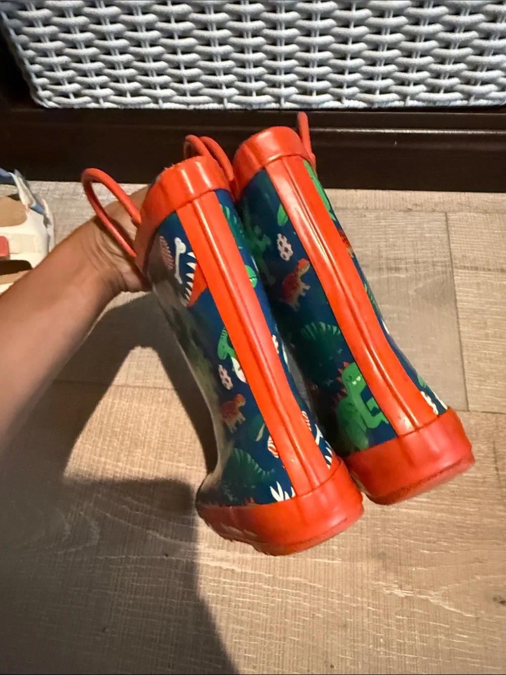 Children's Navy Rain Boot with Colorful Dinosaur Print and Red Trim